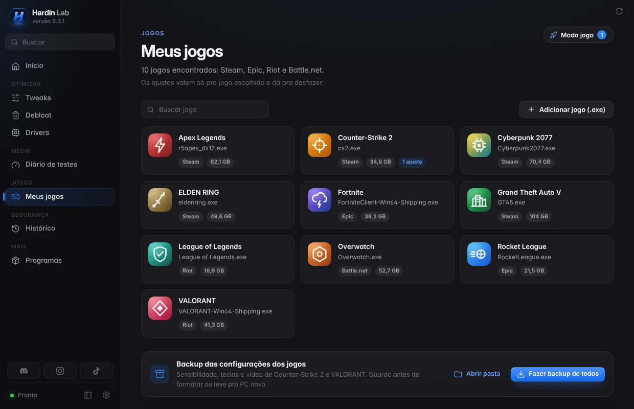 Página Meus jogos do Hardin Lab com o modo jogo e a lista de jogos