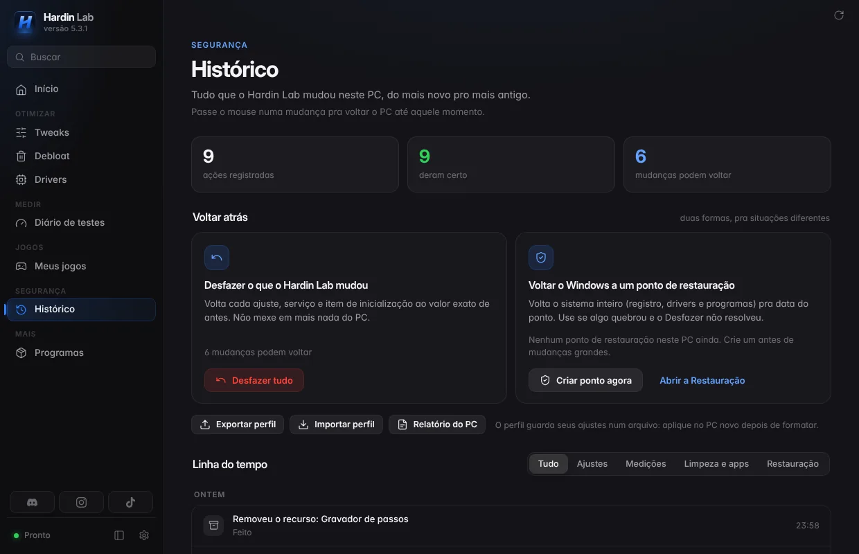 Histórico do Hardin Lab com a linha do tempo e o botão Desfazer tudo
