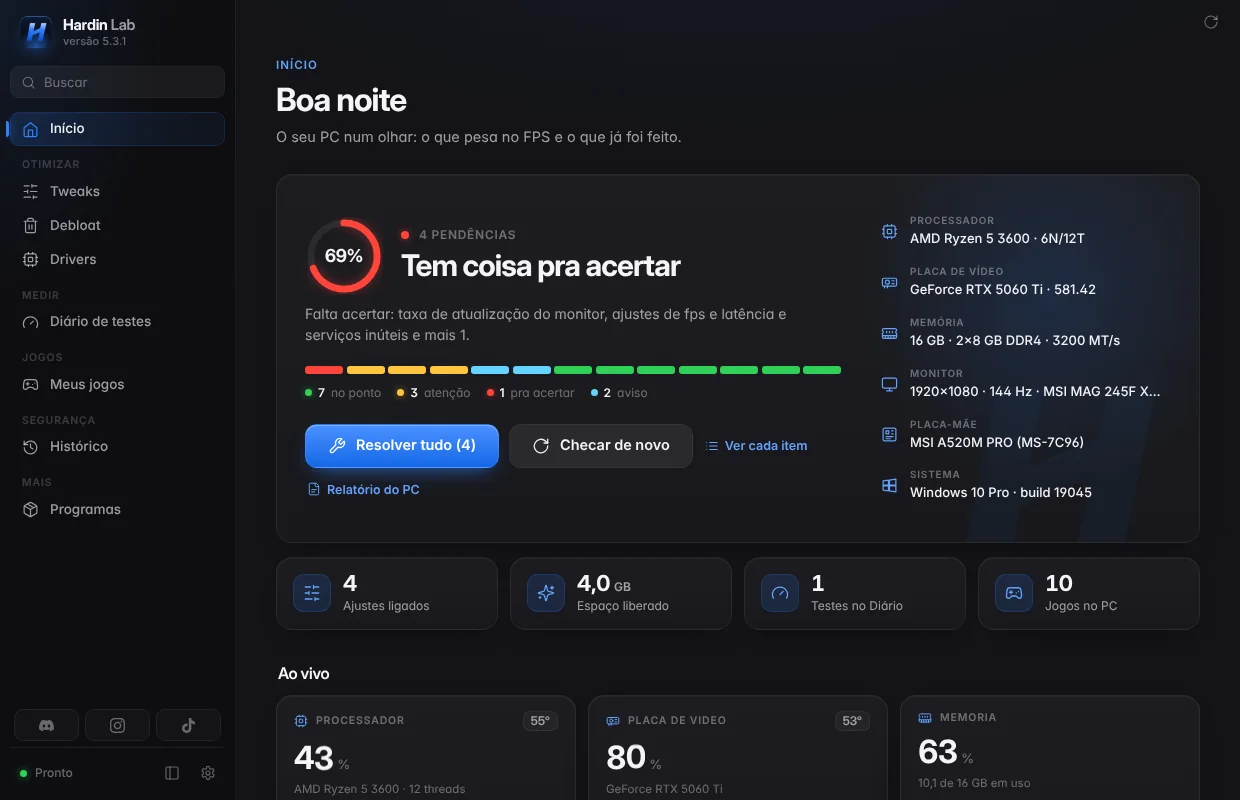 Tela inicial do Hardin Lab com a checagem do PC, as peças e o uso ao vivo