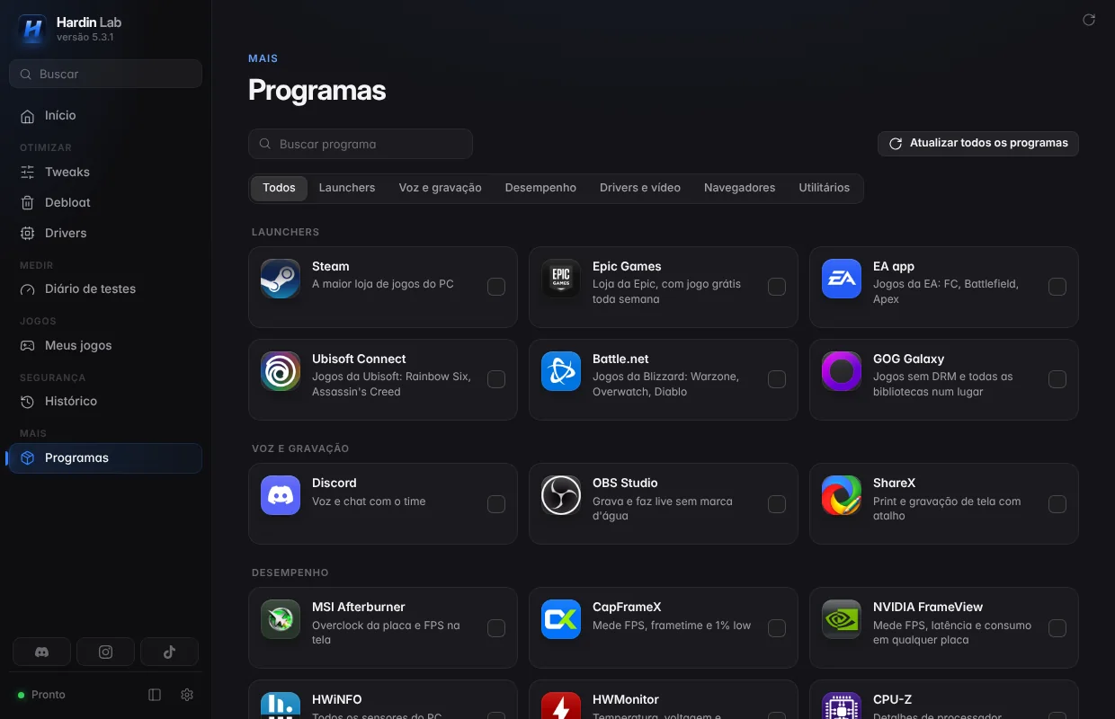Aba Programas do Hardin Lab com launchers, drivers e utilitários para instalar